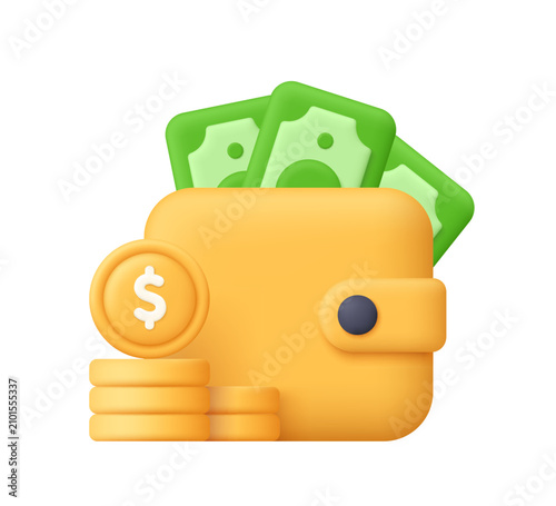 Yellow wallet with cash banknotes and coin stack. Personal finance, savings, digital payments and money management concept. 3d vector icon. Cartoon minimal style.