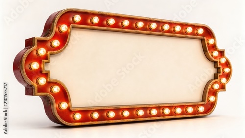 Vintage Red Marquee Sign with Glowing Gold Bulbs Provides a Nostalgic Blank Canvas for Retro Cinema Theater Advertising and Classic American Decor