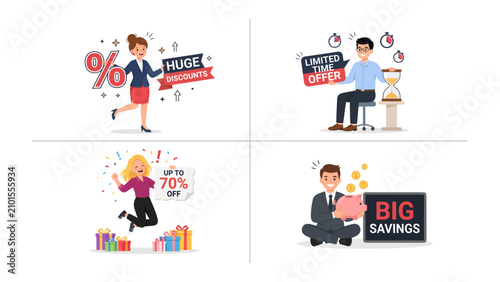 Fotografie Special Offer Collection: A vibrant collage showcasing a series of special offers, featuring animated characters celebrating discounts, limited-time deals