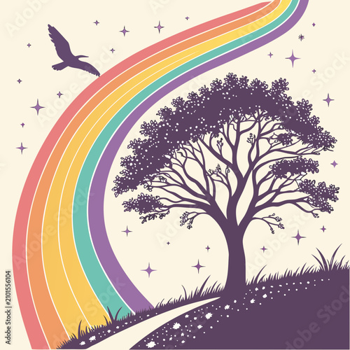 Картината върху платно A bird flying over a rainbow with a tree and stars in the background illustratio