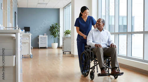 Nurse pushing senior patient in wheelchair. Medical professional assisting elderly man in clinic.