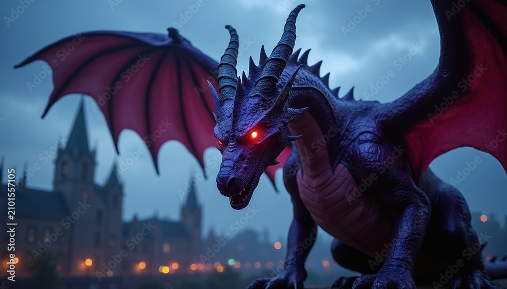 Obraz premium Large purple dragon statue with glowing red eyes stands against dark city at night. Majestic mythical creature with spread wings overlooks foggy urban landscape. Detailed monster figurine features