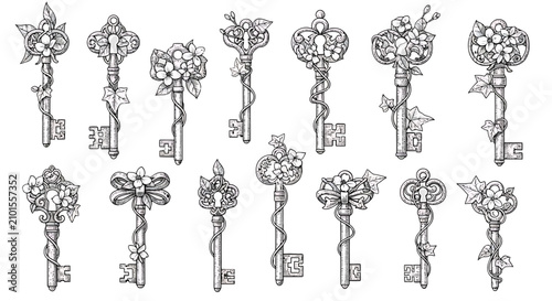 Set of vintage ornate keys decorated with floral elements and ivy vines in black and white vector