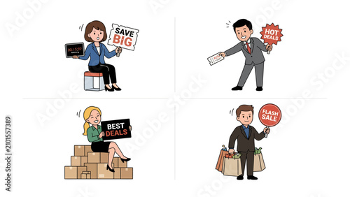 Bild auf Leinwand Special Offer Collection: A dynamic collage featuring four distinct business characters, each promoting exciting deals and savings