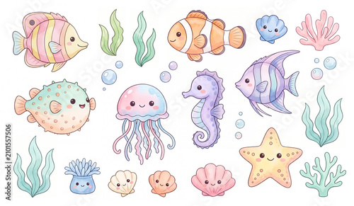 Cute Pastel Watercolor Sea Animals Icon Set on White Background