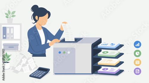 Faceless accountant vector feeding receipts into automated sorting machine that outputs charts, spreadsheets and reports, clean office finance illustration for bookkeeping and expense analytics
