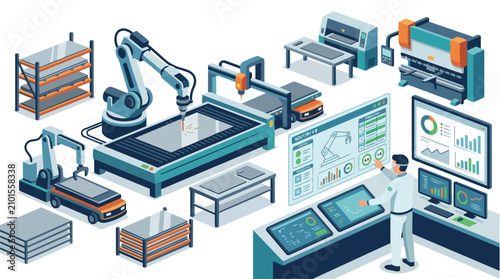 Isometric Smart Factory Automation with Robotic Arms and Digital Control Systems.
