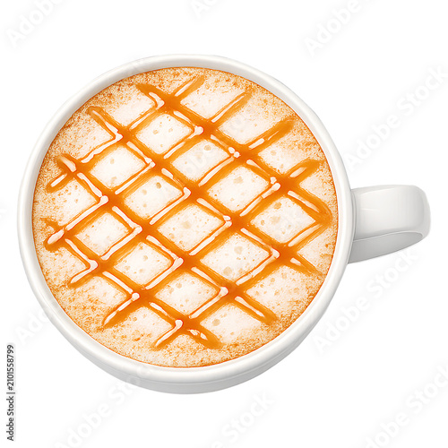 Caramel latte art in white coffee cup, top view isolated on transparent background.