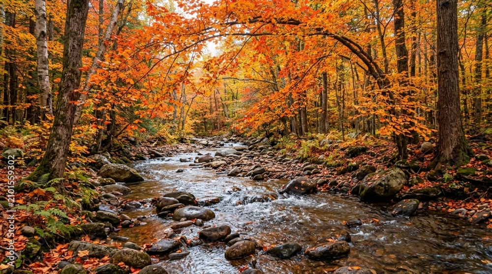 Fototapeta premium A rocky woodland stream flows through a vibrant autumn forest of orange and yellow leaves, ideal for nature travel, seasonal tourism, or conservation campaigns.