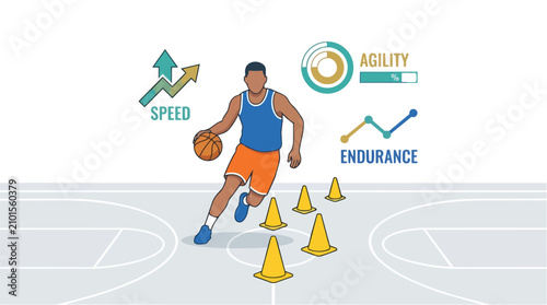 Basketball player training with agility cones and performance metrics infographic.