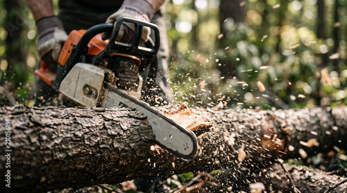 Obraz na płótnie Lumberjack using chainsaw to cut large fallen tree trunk in forest