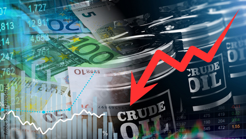 Cuadro en lienzo Barrels of crude oil, Euro banknotes, and a red arrow illustrate the drop in Eur