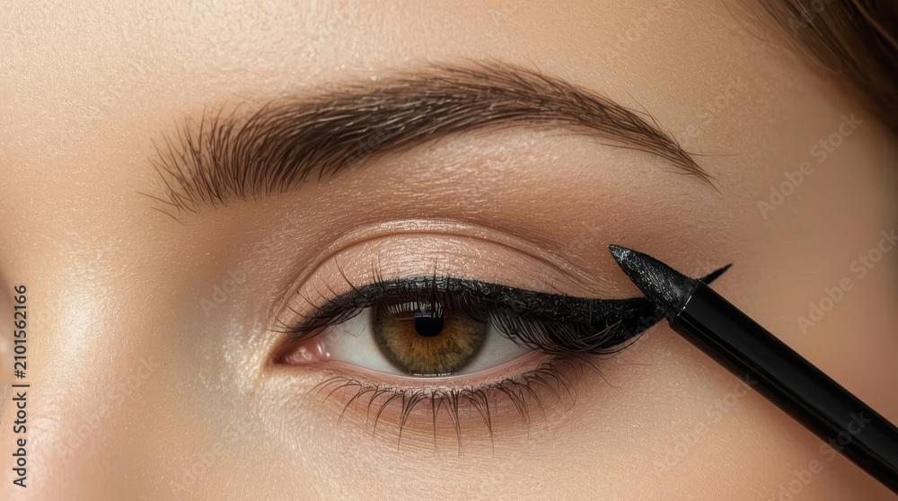 Naklejka premium Close up brown eye with liquid eyeliner application creating precise winged line, elegant look