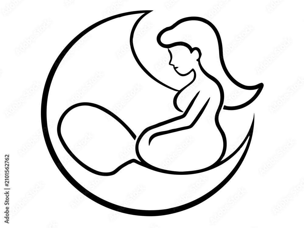 Obraz premium A serene mermaid gracefully sitting on a crescent moon surrounded by calm waters and starry night sky