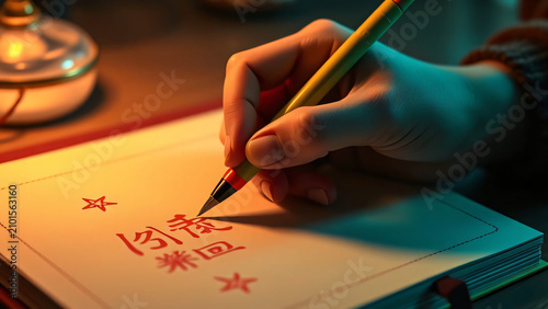 Close Up of Woman Hand Writing in a Notebook with Pen on Paper at Office Desk for Business Education Homework and Creative Planning