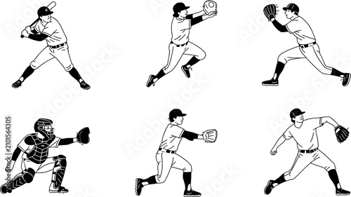 Fotografie Baseball players outline figures set featuring batter pitcher catcher and fielde