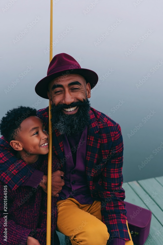 Fototapeta premium Father and son fishing on a foggy dock lifestyle portrait with warm autumn colors for family background and banner design