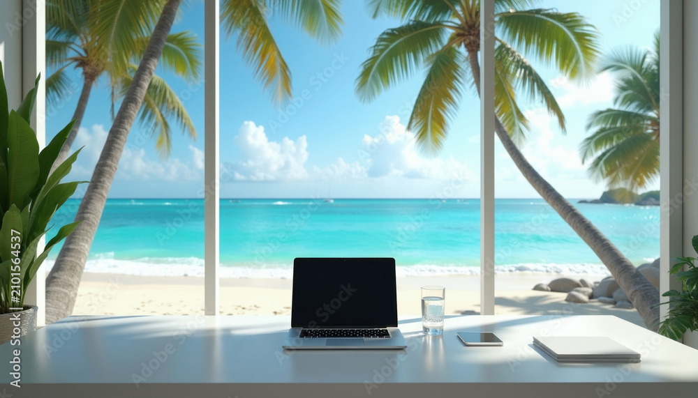 Obraz premium Minimalist office desk with laptop and phone faces ocean view with palm trees. Bright sunny day on tropical beach with blue water and white sand.
