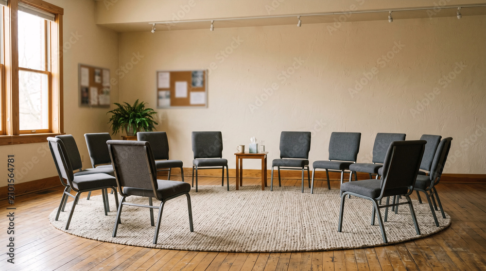 Fototapeta premium Circle of chairs arranged on rug in bright meeting room for discussion