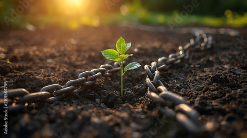 Inspirational Nature Concept With Young Tree And Broken Chains On Fertile Soil