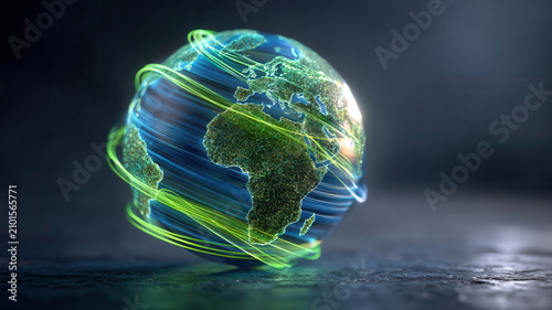 Nature conservation earth globe energy network digital planet with glowing green light trail for ecology future
