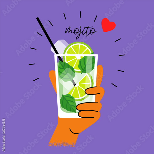 hand holding a glass of mojito cocktail. bright poster on the theme of parties with drinks, love for cocktail. flat drawing with texture. stock vector illustration. EPS 10.