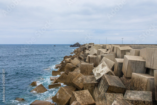 Фотография Massive concrete tetrapod blocks create protective breakwater along rocky shorel