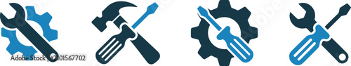 Tool icons, wrench gear hammer spanner and screwdriver symbols, maintenance repair and engineering vector design