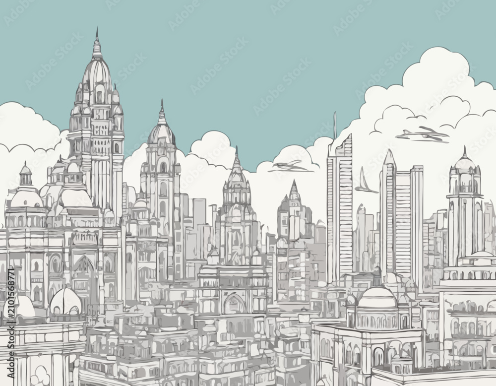 Obraz premium Mumbai skyline. Panorama of the Indian city of Mumbai with landmarks and famous buildings. Landscape with urban architecture and monuments. Cityscape with skyscrapers. Outline flat vector .