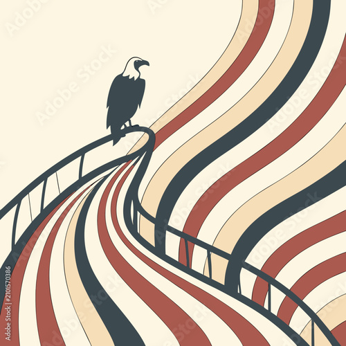 Fotografie Vulture perched on a metal railing with a curved background bird of prey backgro