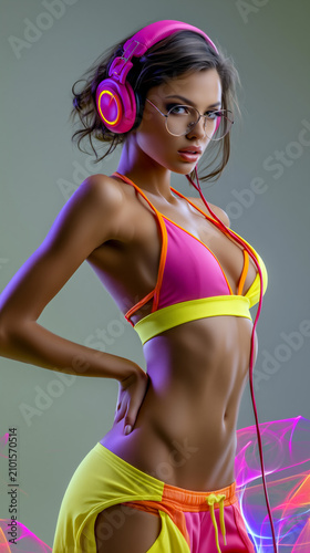 futuristic techno woman with explosive audio energy, cyber music lady with powerful sound burst, electronic female dj with dynamic speaker energy background