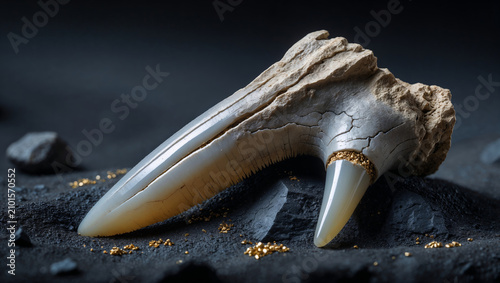 Prehistoric fossilized dinosaur claw and sharp tooth displayed on black coal sand with golden pyrite crystals, macro view
