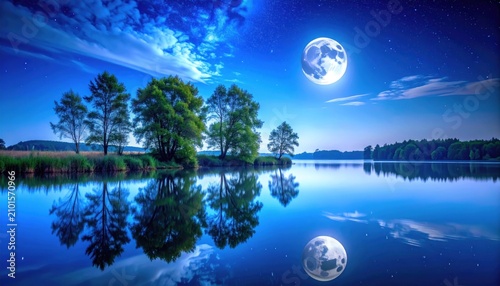 Night scene of a luminous moon over still lake, trees, and reflection