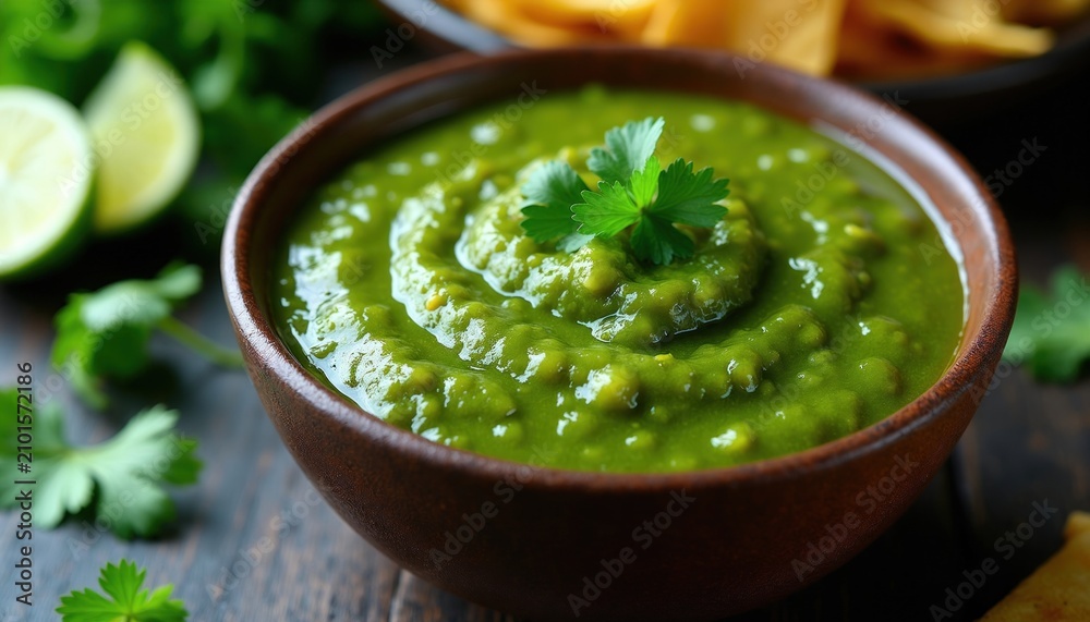 Obraz premium Green salsa verde sits in brown wooden bowl on dark surface. Fresh cilantro leaves garnish spicy vegetable dip made from jalapeno pepper. Homemade mexican sauce provides organic flavor for authentic