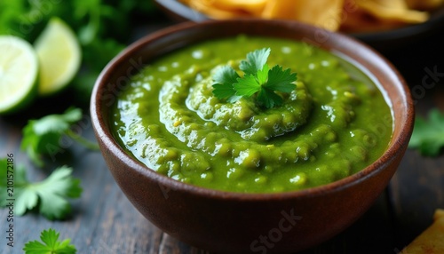 Green salsa verde sits in brown wooden bowl on dark surface. Fresh cilantro leaves garnish spicy vegetable dip made from jalapeno pepper. Homemade mexican sauce provides organic flavor for authentic