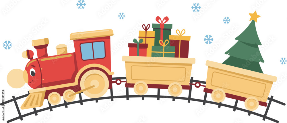Naklejka premium Cartoon red christmas train carrying gifts and a pine tree on tracks