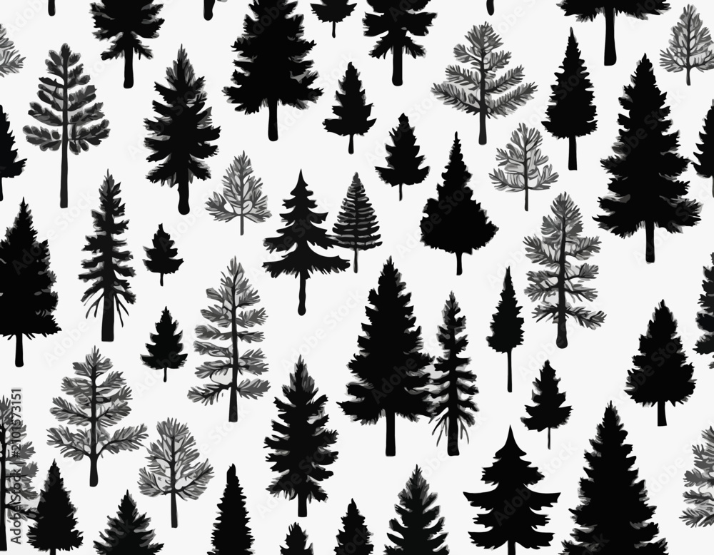 Obraz premium Pine and oak tree silhouette. Set of icons with black figures of spruce, pine, wild forest trees and woodland. Design Element for Logo. Flat vector illustration collection isolated on white .