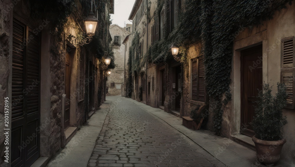 Fototapeta premium Charming European Alleyway with Cobblestone Street and Warm Lighting.