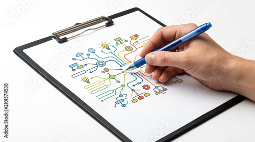 Hand drawing colorful mind map on clipboard with pen, concept for brainstorming, idea generation and strategic planning, suitable for business presentations and educational materials.