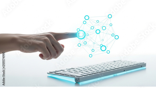 Futuristic hand interacting with glowing blue network connection on a keyboard, concept for technology and innovation, futuristic interface design and digital communication