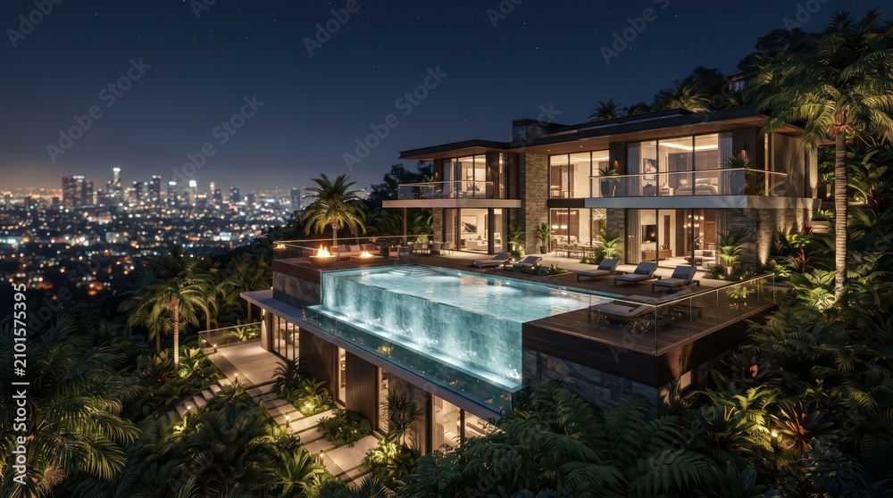 Fototapeta premium Modern hillside residence with transparent infinity pool at night