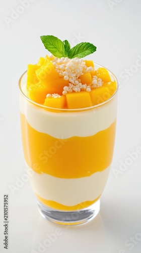 Tropical fusion dessert combining panna cotta with mango puree and coconut pearls.
