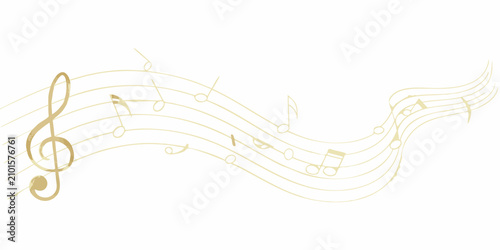 Photos Golden musical notes and clef flow across a white background