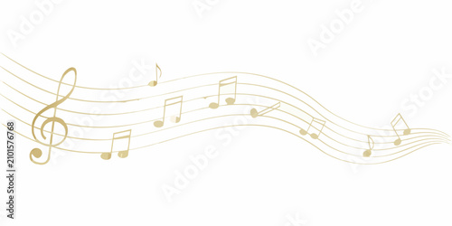 Konstfotografi Golden musical notes and staff lines on a white background
