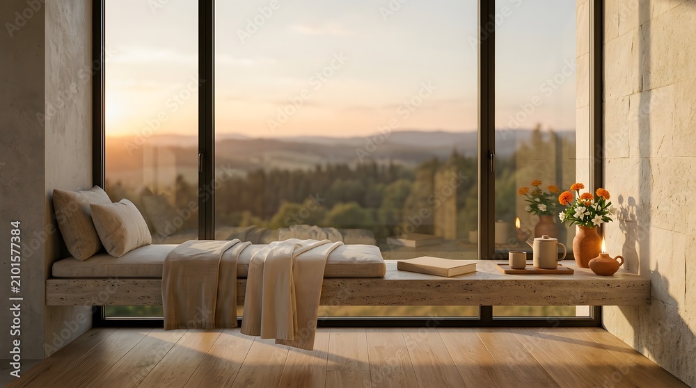 Obraz premium Serene window seat with mountain view at sunset