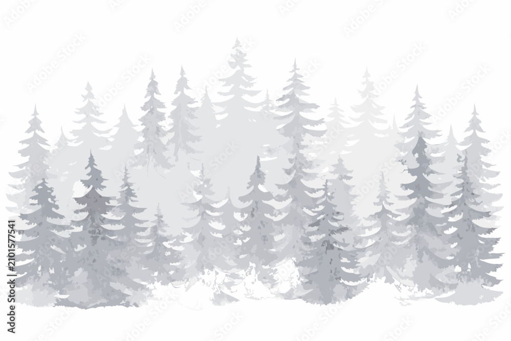 Fototapeta premium Watercolor Pine Forest With Misty Effect On A White Background
