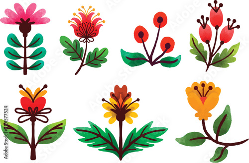 Folk art floral arrangements with green leaves vector