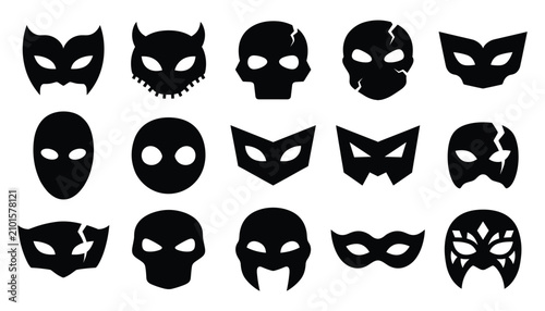 Collection of black superhero and masquerade masks icons in a simple vector style on white background