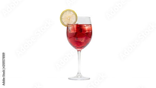 Red cocktail in wine glass with lemon slice. Refreshing alcoholic drink isolated on white.