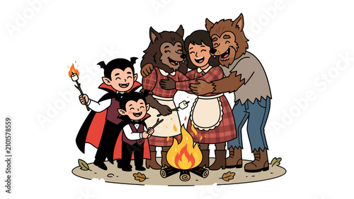Canvas Print Monster Family Camping Trip: A whimsical illustration of a monster family enjoying a camping trip by a campfire, featuring vampires and werewolves embracing together in a heartwarming scene